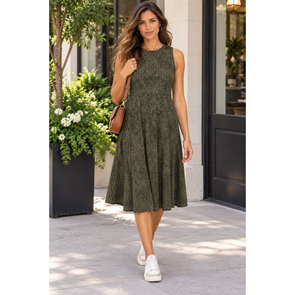 Athleta Santorini Dress Womens Medium Sheath Sleeveless Scoop Neck Green Print